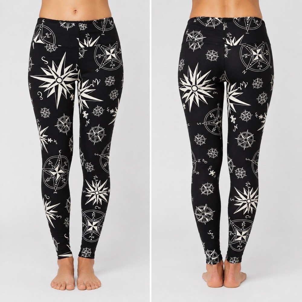 LuLaRoe Leggings One Size OS Black White Compass Starburst Nautical Print Womens
